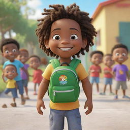 A Pixar-style animated image of a beaming Jamaican toddler Rasta boy standing in front of his preschool with a backpack. Other children are playing happily in the background