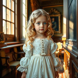 A 3-year-old girl with long blonde curls and vivid green eyes, wearing an exquisite 1700s-style dress adorned with intricate lace and embroidery