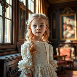 A 3-year-old girl with long blonde curls and vivid green eyes, wearing an exquisite 1700s-style dress adorned with intricate lace and embroidery