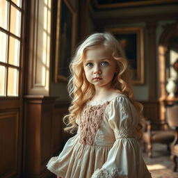 A 3-year-old girl with long blonde curls and vivid green eyes, wearing an exquisite 1700s-style dress adorned with intricate lace and embroidery