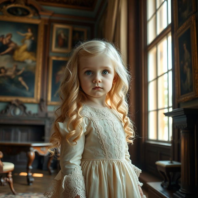 A 3-year-old girl with long blonde curls and vivid green eyes, wearing an exquisite 1700s-style dress adorned with intricate lace and embroidery