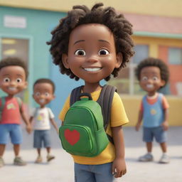 A Pixar-style animated image of a beaming Jamaican toddler Rasta boy standing in front of his preschool with a backpack. Other children are playing happily in the background