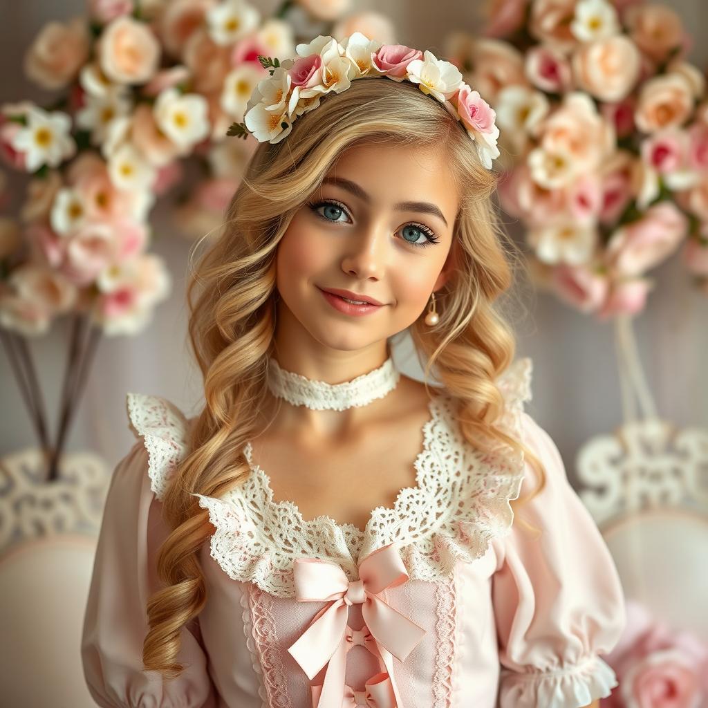 A young woman dressed in coquette style fashion, showcasing vintage and dainty elements such as lace, ruffles, bows, and pastel colors