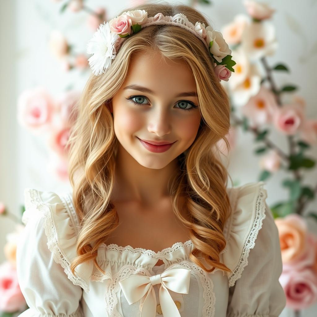 A young woman dressed in coquette style fashion, showcasing vintage and dainty elements such as lace, ruffles, bows, and pastel colors