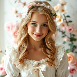 A young woman dressed in coquette style fashion, showcasing vintage and dainty elements such as lace, ruffles, bows, and pastel colors