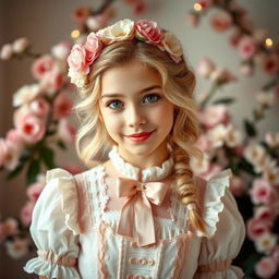 A young woman dressed in coquette style fashion, showcasing vintage and dainty elements such as lace, ruffles, bows, and pastel colors