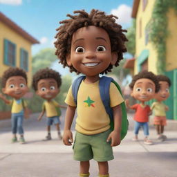 A Pixar-style animated image of a beaming Jamaican toddler Rasta boy standing in front of his preschool with a backpack. Other children are playing happily in the background