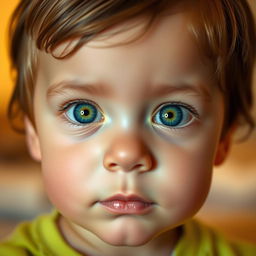 A portrait of a young child with vivid green eyes, exuding innocence and curiosity