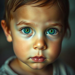 A portrait of a young child with vivid green eyes, exuding innocence and curiosity