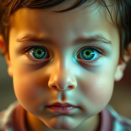 A portrait of a young child with vivid green eyes, exuding innocence and curiosity