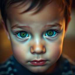 A portrait of a young child with vivid green eyes, exuding innocence and curiosity