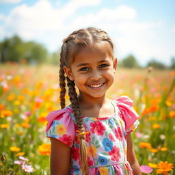 A playful and cheerful young girl with beautifully braided hair, featuring intricate patterns of plaits