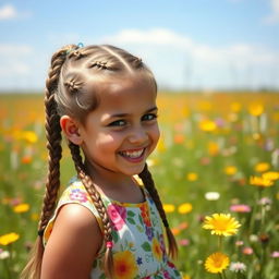 A playful and cheerful young girl with beautifully braided hair, featuring intricate patterns of plaits