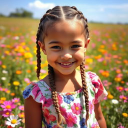 A playful and cheerful young girl with beautifully braided hair, featuring intricate patterns of plaits