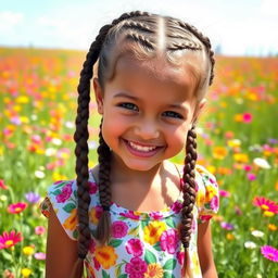 A playful and cheerful young girl with beautifully braided hair, featuring intricate patterns of plaits