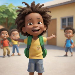 A Pixar-style animated image of a thrilled Jamaican toddler Rasta boy, standing in front of his preschool with a knapsack. Other children are seen in the background, joyfully playing