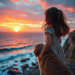 A serene scene featuring a young girl, around 12 years old, with long flowing brown hair, wearing a light summer dress standing on the edge of a cliff