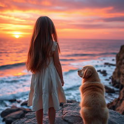 A serene scene featuring a young girl, around 12 years old, with long flowing brown hair, wearing a light summer dress standing on the edge of a cliff