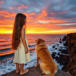 A serene scene featuring a young girl, around 12 years old, with long flowing brown hair, wearing a light summer dress standing on the edge of a cliff