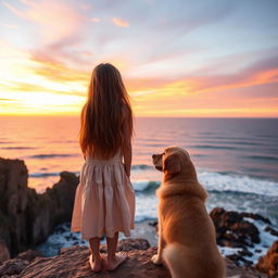 A serene scene featuring a young girl, around 12 years old, with long flowing brown hair, wearing a light summer dress standing on the edge of a cliff