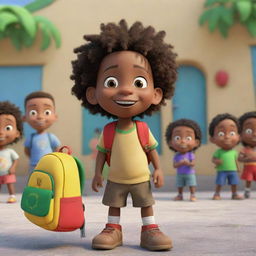 A Pixar-style animated image of a thrilled Jamaican toddler Rasta boy, standing in front of his preschool with a knapsack. Other children are seen in the background, joyfully playing