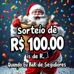 An imaginative and lively poster featuring Santa Claus joyfully promoting a giveaway of R$ 100,00 upon reaching 10,000 followers