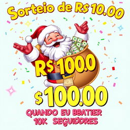 An imaginative and lively poster featuring Santa Claus joyfully promoting a giveaway of R$ 100,00 upon reaching 10,000 followers