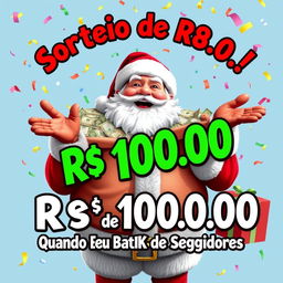 An imaginative and lively poster featuring Santa Claus joyfully promoting a giveaway of R$ 100,00 upon reaching 10,000 followers