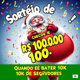 An imaginative and lively poster featuring Santa Claus joyfully promoting a giveaway of R$ 100,00 upon reaching 10,000 followers