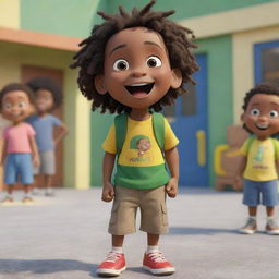 A Pixar-style animated image of a thrilled Jamaican toddler Rasta boy, standing in front of his preschool with a knapsack. Other children are seen in the background, joyfully playing