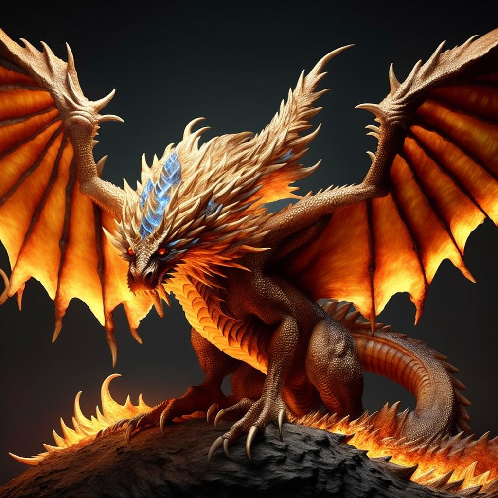 Generate a hyperrealistic image of a mighty, dragon-like creature with vibrant orange scales, gleaming blue eyes, a winged silhouette, and a fiercely flaming tail; evoking a sense of majestic intimidation.