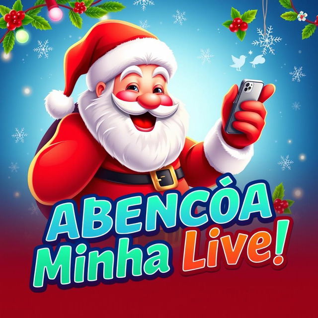 A colorful and cheerful poster featuring Santa Claus (@Papai Noel) blessing a live streaming event