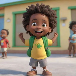 A Pixar-style animated image of a thrilled Jamaican toddler Rasta boy, standing in front of his preschool with a knapsack. Other children are seen in the background, joyfully playing