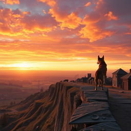 a picturesque scene of a small town at sunset set during World War 2, focusing on a scenic view of a cliff with an expansive sky painted in shades of orange, pink, and purple