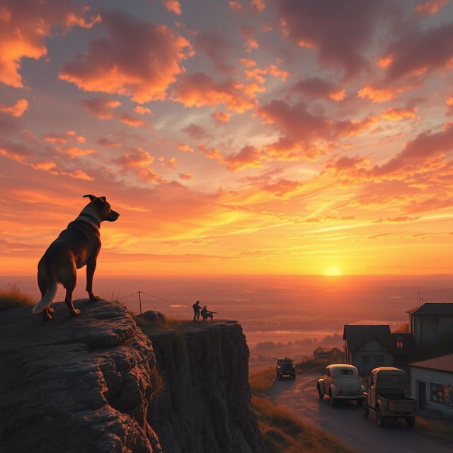 a picturesque scene of a small town at sunset set during World War 2, focusing on a scenic view of a cliff with an expansive sky painted in shades of orange, pink, and purple