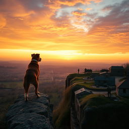 a picturesque scene of a small town at sunset set during World War 2, focusing on a scenic view of a cliff with an expansive sky painted in shades of orange, pink, and purple