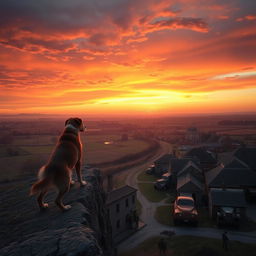 a picturesque scene of a small town at sunset set during World War 2, focusing on a scenic view of a cliff with an expansive sky painted in shades of orange, pink, and purple