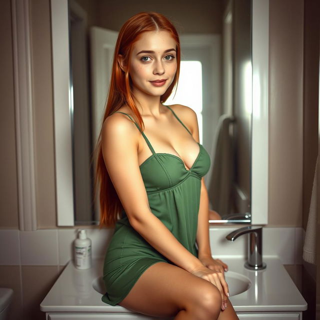 A young woman with a slim build, long straight red hair, and fair skin sitting on a sink counter in a dimly lit bathroom with neutral colors