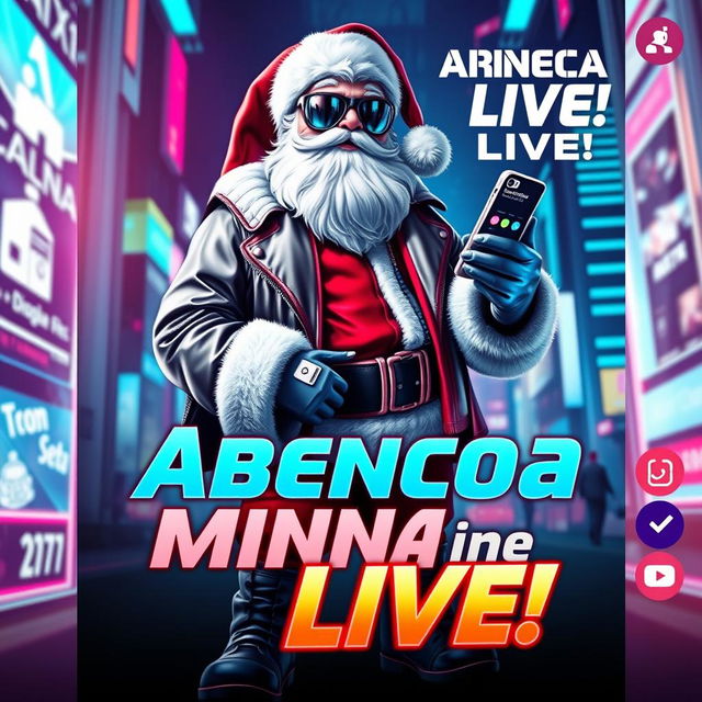 A futuristic and trendy poster featuring Santa Claus (@Papai Noe from the future) blessing a live streaming event with a modern twist