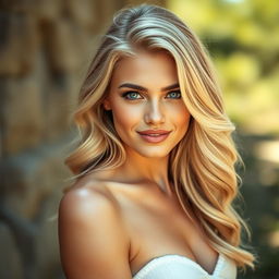 A beautiful blonde woman standing confidently, showcasing natural elegance and grace