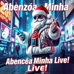 A futuristic and trendy poster featuring Santa Claus (@Papai Noe from the future) blessing a live streaming event with a modern twist