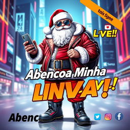 A futuristic and trendy poster featuring Santa Claus (@Papai Noe from the future) blessing a live streaming event with a modern twist