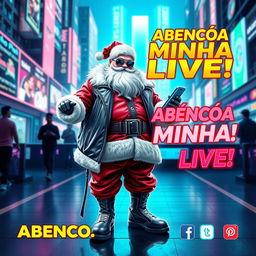 A futuristic and trendy poster featuring Santa Claus (@Papai Noe from the future) blessing a live streaming event with a modern twist