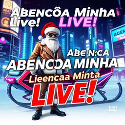 A futuristic and trendy poster featuring a slim Santa Claus (@Papai Noe from the future) without his traditional hat, blessing a live streaming event