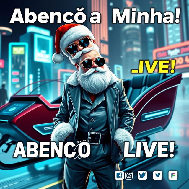 A futuristic and trendy poster featuring a slim Santa Claus (@Papai Noe from the future) without his traditional hat, blessing a live streaming event