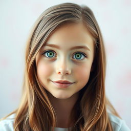 A portrait of a teenage girl with vivid green eyes, expressing curiosity and wonder