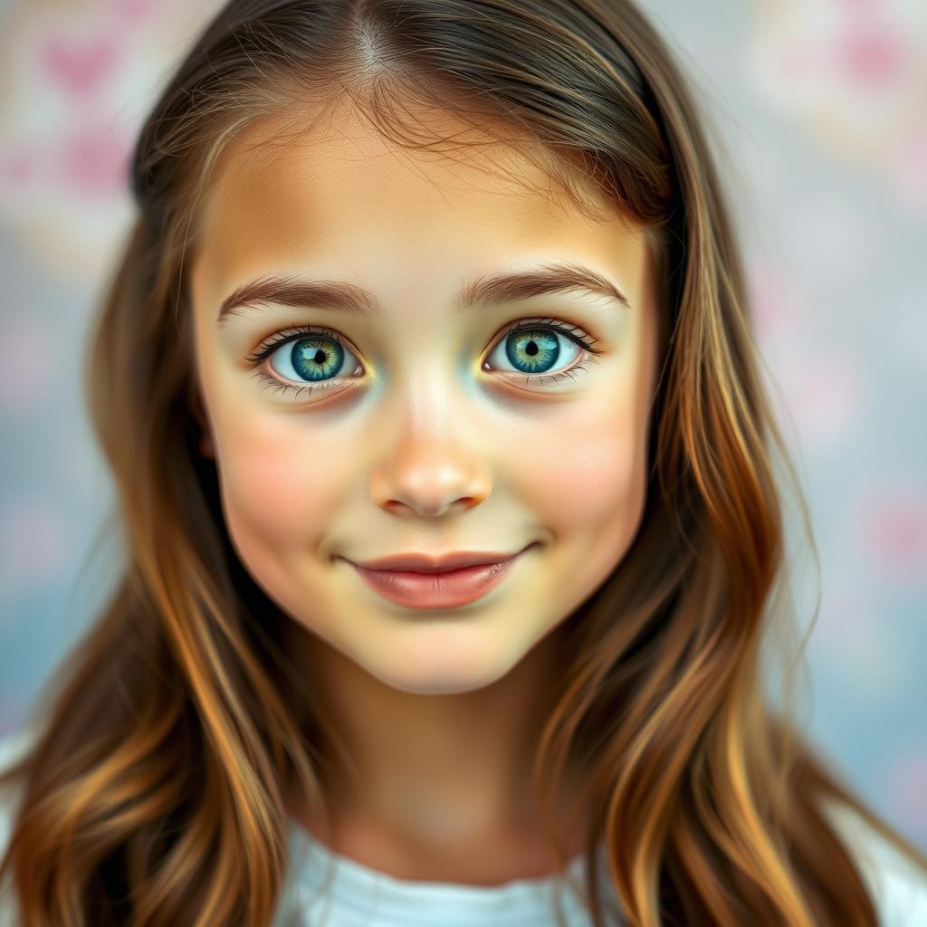 A portrait of a teenage girl with vivid green eyes, expressing curiosity and wonder