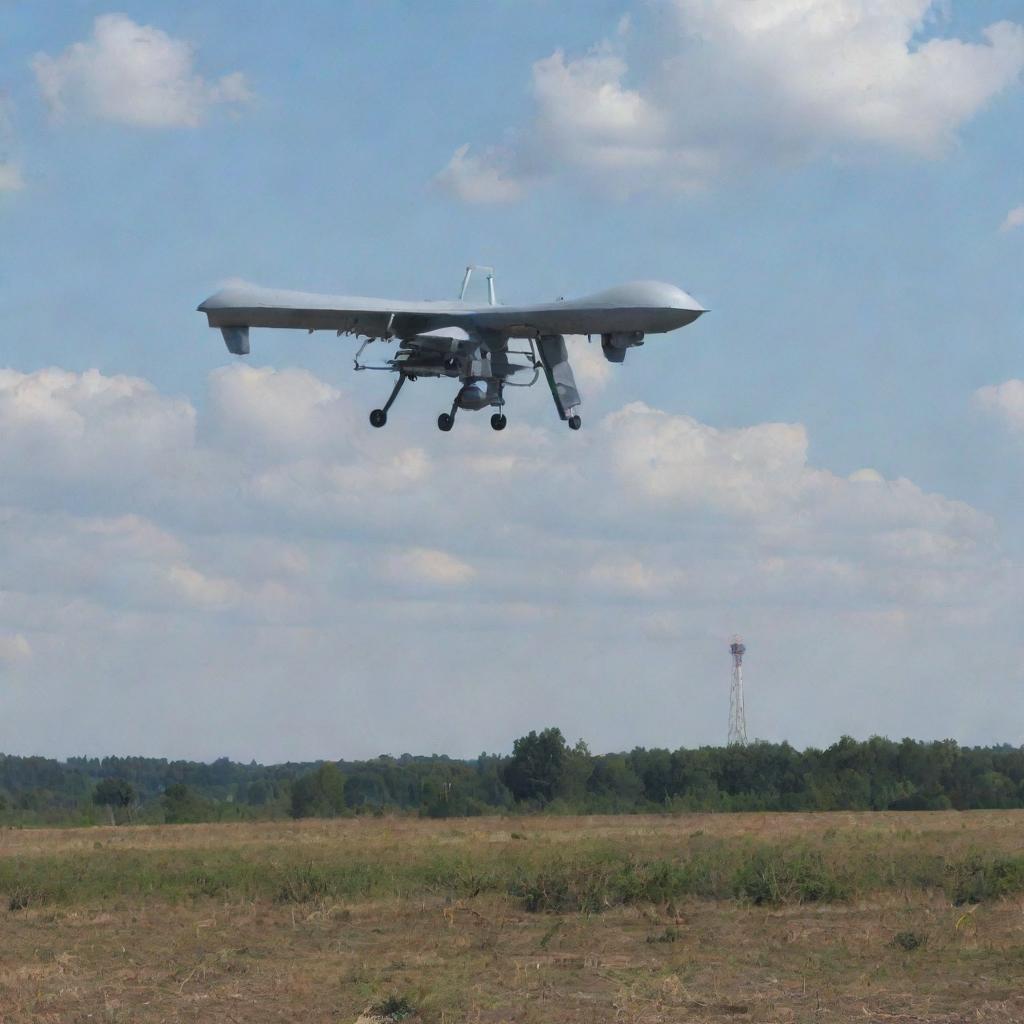 Ukrainian military drone in the sky targeting a large radar tower