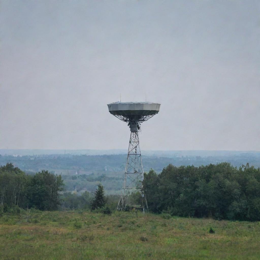 Ukrainian military drone in the sky targeting a large radar tower