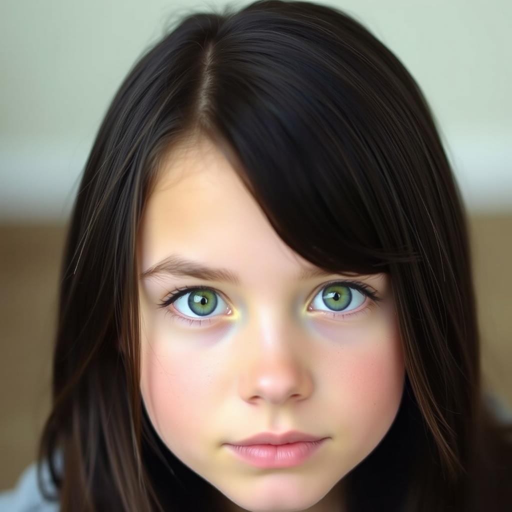 Portrait of a teenage girl with bright green eyes looking straight at the viewer with a neutral expression